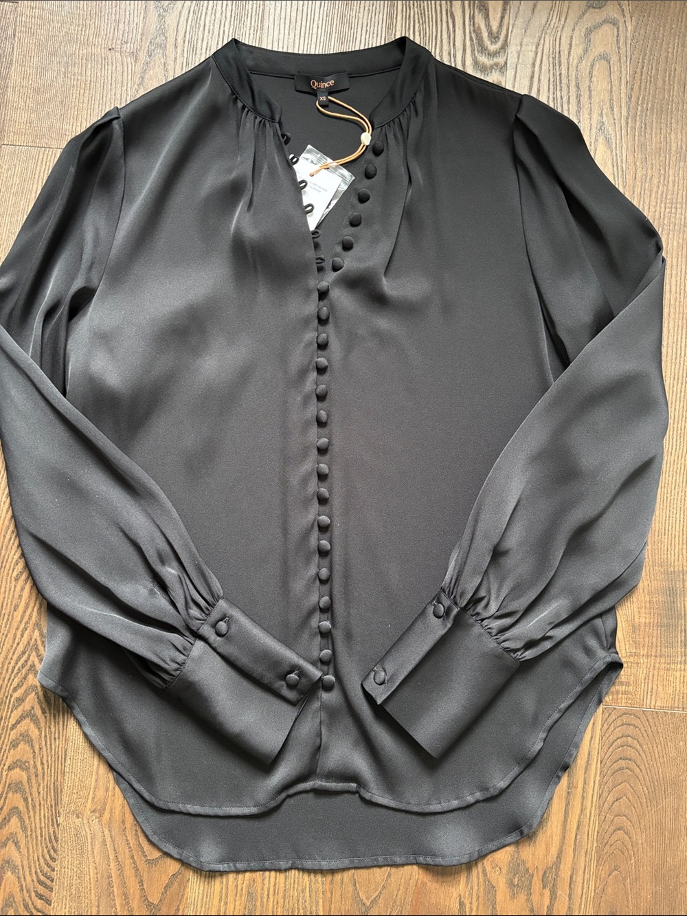 NWT Quince **BLACK** Washable Silk Peasant Blouse GORGEOUS fits sz 2 + 4